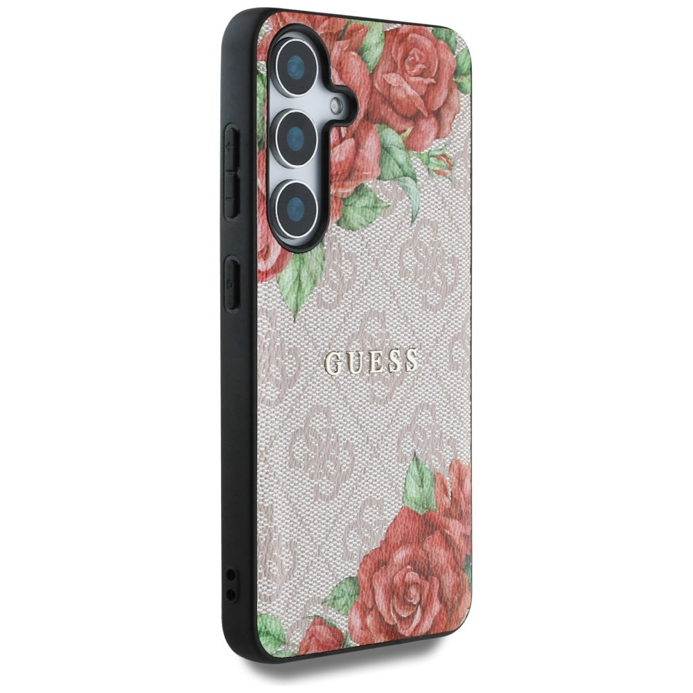 Guess Leather 4G Flowers Print Metal Classic Logo MagSafe Case Samsung Galaxy S25 Pink