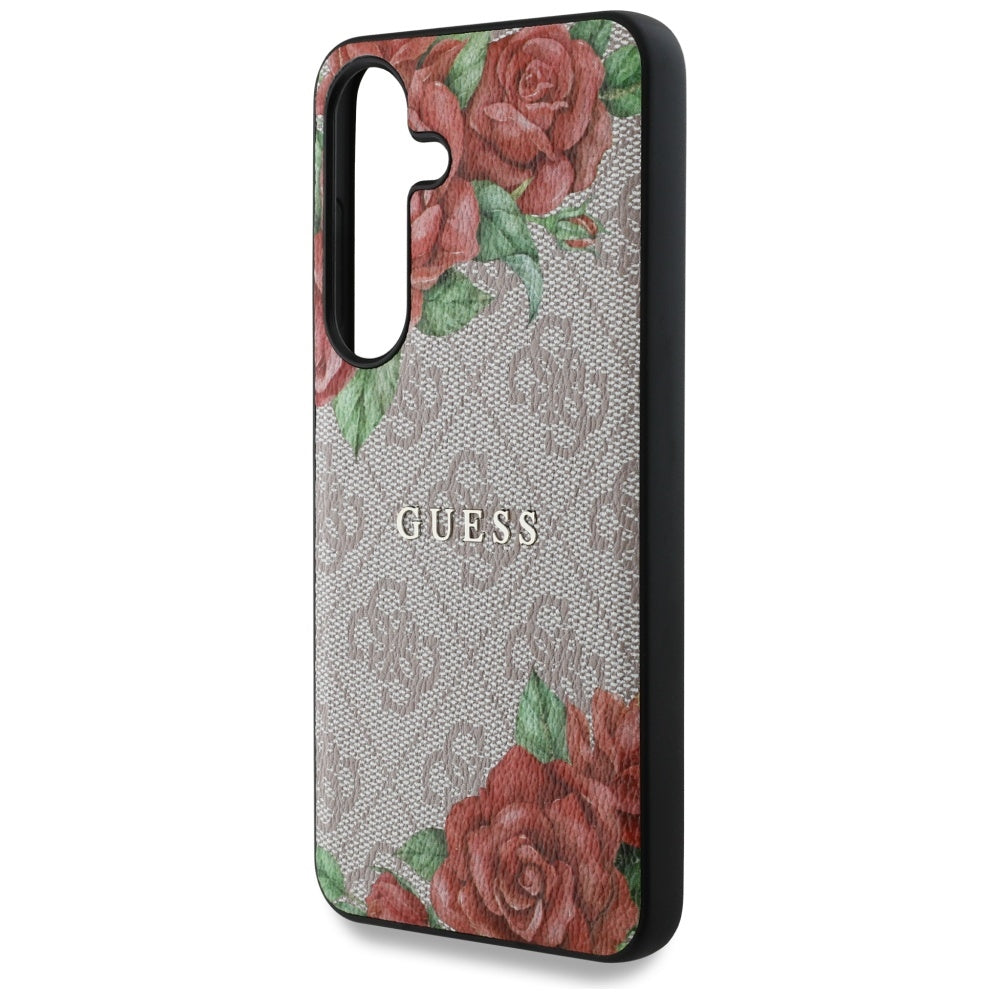 Guess Leather 4G Flowers Print Metal Classic Logo MagSafe Case Samsung Galaxy S25 Pink