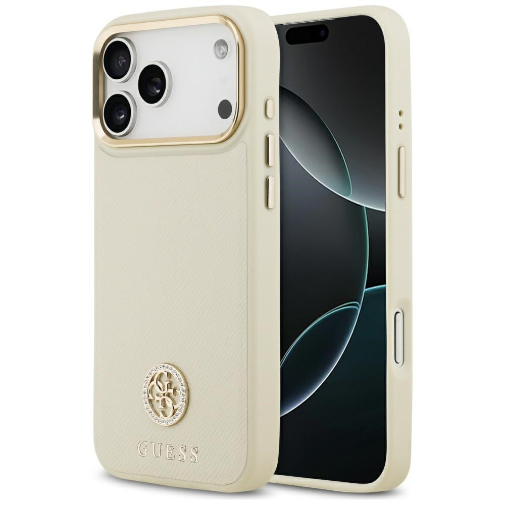 Guess GUHMP17XPGCRMDEE Hardcase for iPhone 17 Pro Max Beige Grained Strass Logo MagSafe