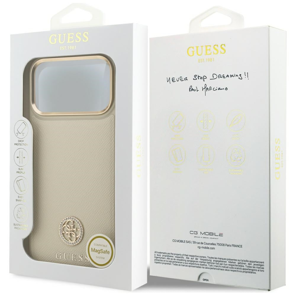 Guess GUHMP17XPGCRMDEE Hardcase for iPhone 17 Pro Max Beige Grained Strass Logo MagSafe