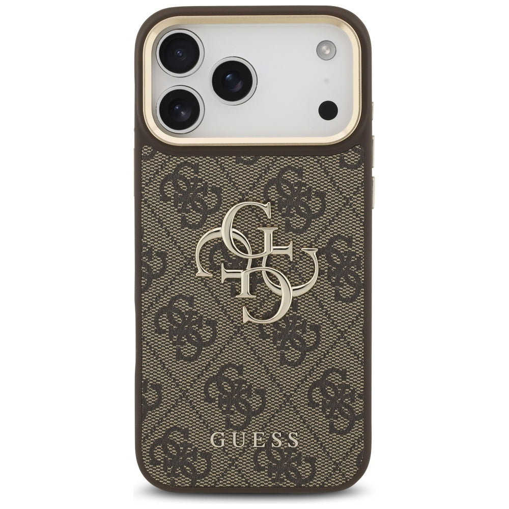 GUESS 4G Big 4G Classic Logo Big Strap Metal Buttons Case for iPhone 17 Pro Max Brown