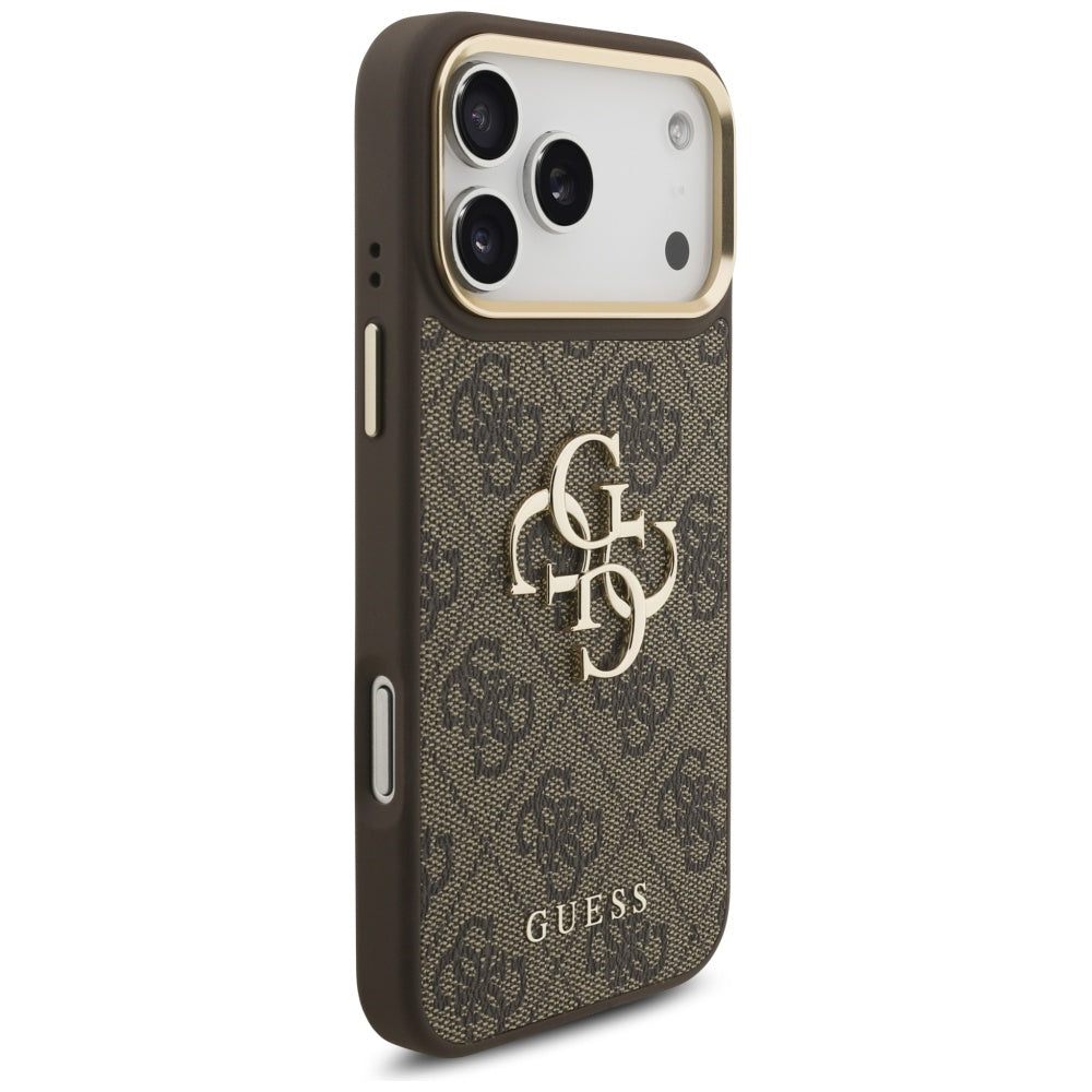 GUESS 4G Big 4G Classic Logo Big Strap Metal Buttons Case for iPhone 17 Pro Max Brown