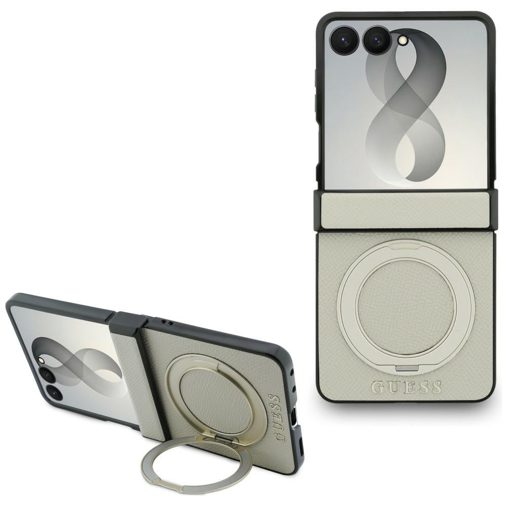 Guess Magnetic Ring Stand Grained Classic Logo MagSafe case for Samsung Galaxy Z Flip8 beige