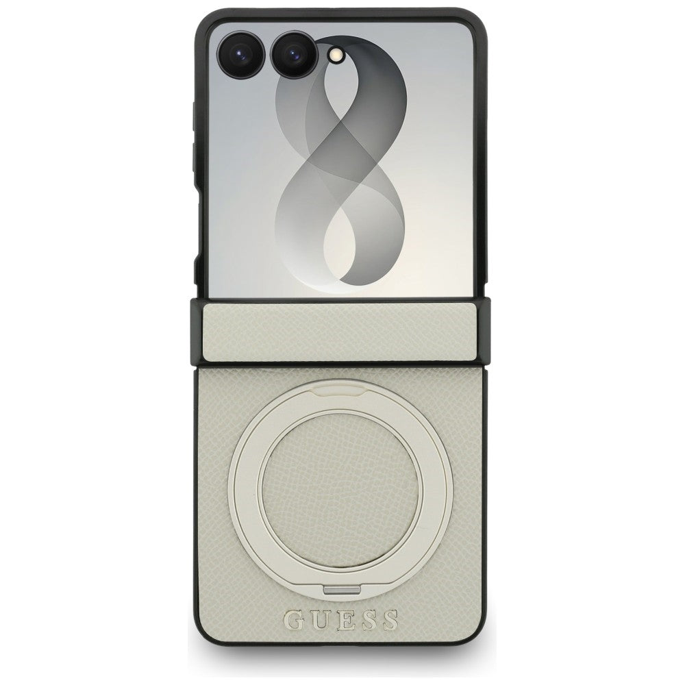 Guess Magnetic Ring Stand Grained Classic Logo MagSafe case for Samsung Galaxy Z Flip8 beige