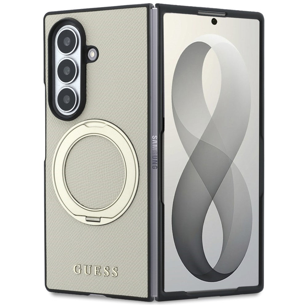 Guess Magnetic Ring Stand Grained Classic Logo MagSafe case for Samsung Galaxy Z Fold8 Ultra beige