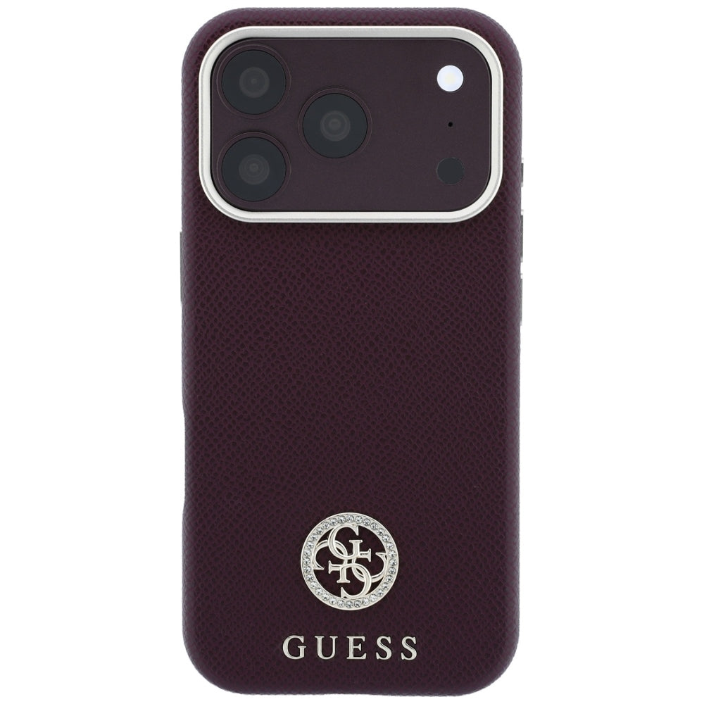 Guess GUHMP18L6PSRMDEU Grained Round Strass Logo MagSafe Case for iPhone 18 Pro / 17 Pro Burgundy
