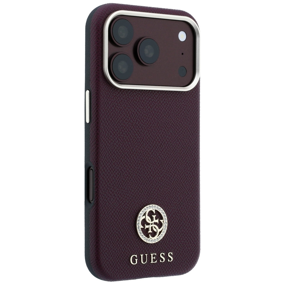 Guess GUHMP18L6PSRMDEU Grained Round Strass Logo MagSafe Case for iPhone 18 Pro / 17 Pro Burgundy