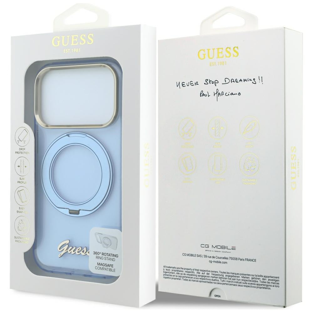 Guess GUHMP18X6HCCMSB IML Ring Stand 360 Script Metal Logo MagSafe for iPhone 18 Pro Max / 17 Pro Max Light Blue