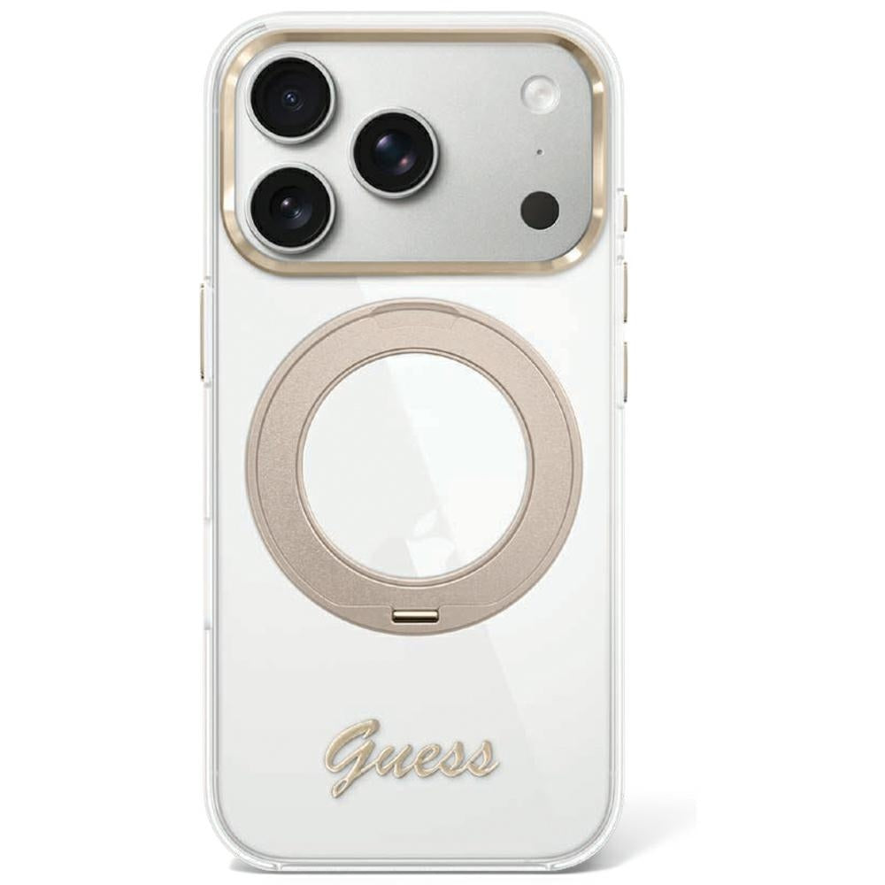 Guess GUHMP18L6HCCMST IML Ring Stand 360 Script Metal Logo MagSafe for iPhone 18 Pro / 17 Pro Transparent