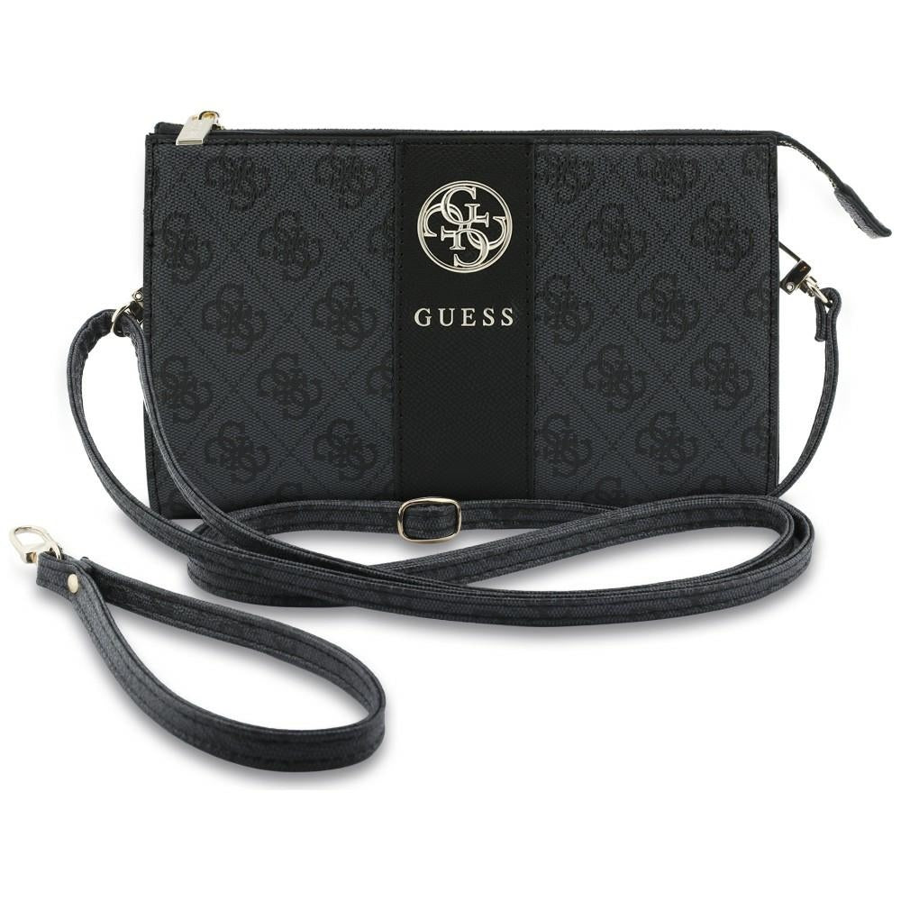 Guess Phone Pouch with Crossbody Strap, PU Leather With Middle Stripe, 4G Metal Round & Classic Logo & Strap Black