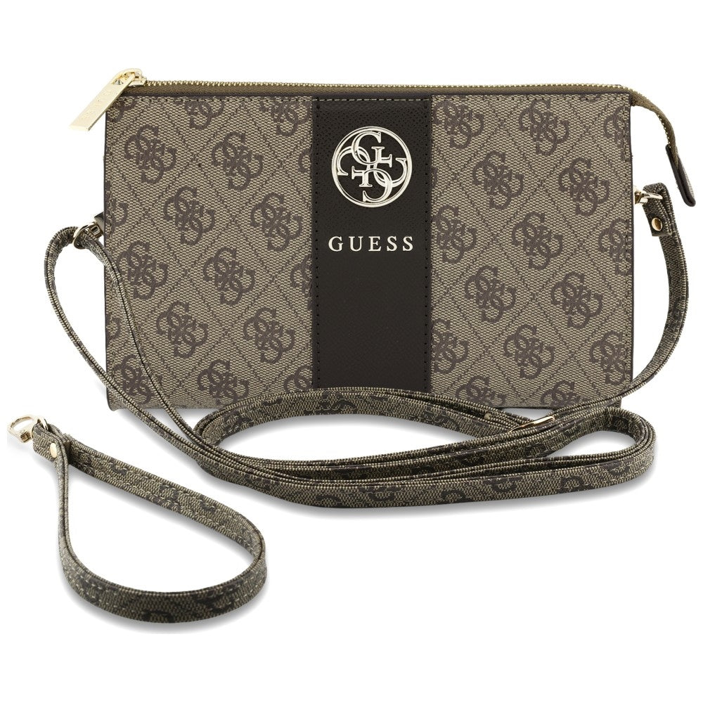 Guess Pouch with Crossbody Strap, PU Leather With Middle Stripe, 4G Metal Round & Classic Logo & Strap Brown