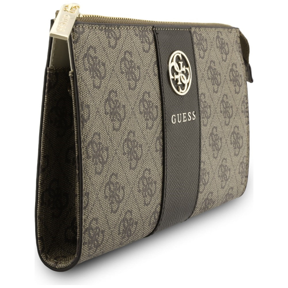 Guess Pouch with Crossbody Strap, PU Leather With Middle Stripe, 4G Metal Round & Classic Logo & Strap Brown