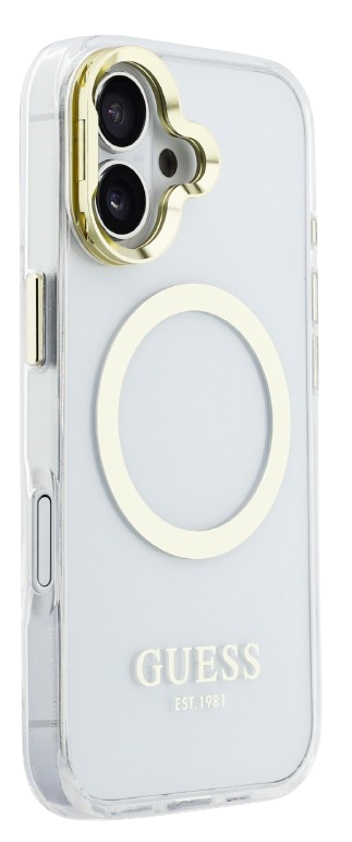 Guess GUHMP17SHTRMSFD Gold Outline Stand Camera Frame Magsafe Case for iPhone 17 Transparant