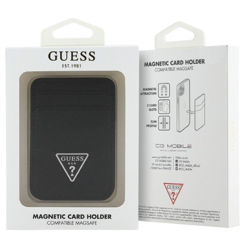 Guess Magnetic Wallet Cardslot MagSafe GRAINED PU Lather Triangle Metal Logo Black