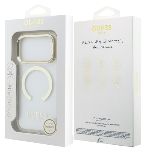 Guess GUHMP17LHTRMSFD Gold Outline Stand Camera Frame Magsafe Case for iPhone 17 Pro Transparant