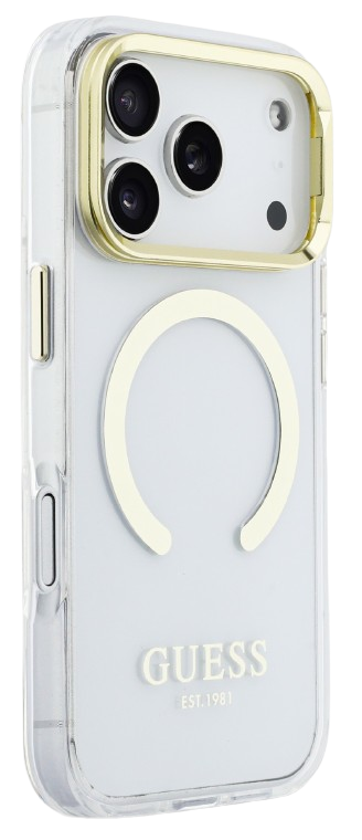 Guess GUHMP17LHTRMSFD Gold Outline Stand Camera Frame Magsafe Case for iPhone 17 Pro Transparant