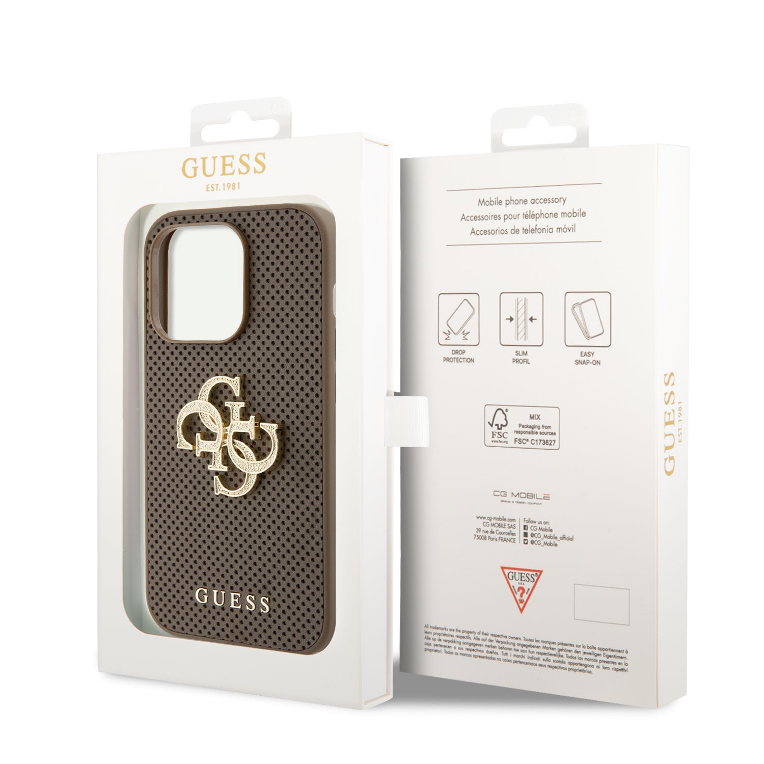 Guess Perforated PU Leather Hardcase 4G with Glitter metal Logo Taupe iPhone 15 Pro