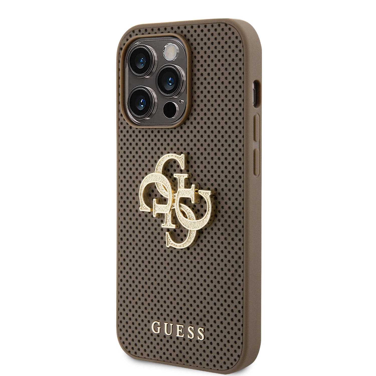 Guess Perforated PU Leather Hardcase 4G with Glitter metal Logo Taupe iPhone 15 Pro