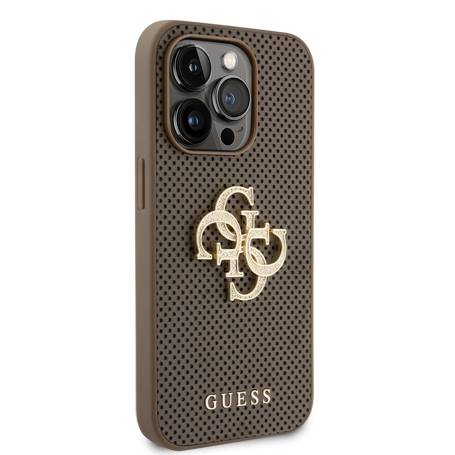 Guess Perforated PU Leather Hardcase 4G with Glitter metal Logo Taupe iPhone 15 Pro