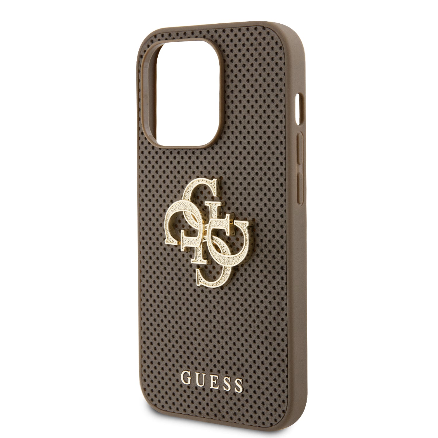 Guess Perforated PU Leather Hardcase 4G with Glitter metal Logo Taupe iPhone 15 Pro