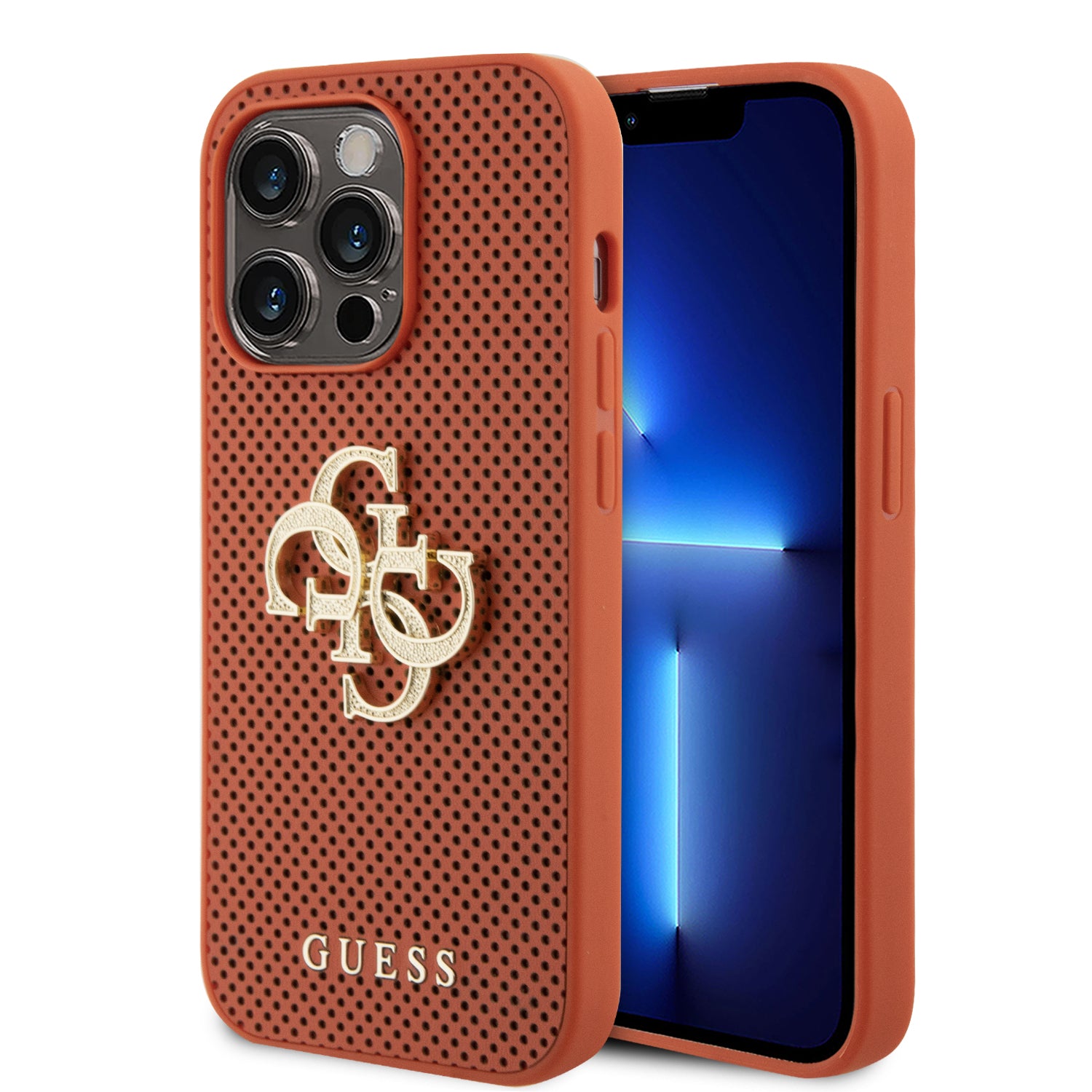 Guess Perforated PU Leather Hardcase 4G with Glitter metal Logo Orange iPhone 15 Pro Max