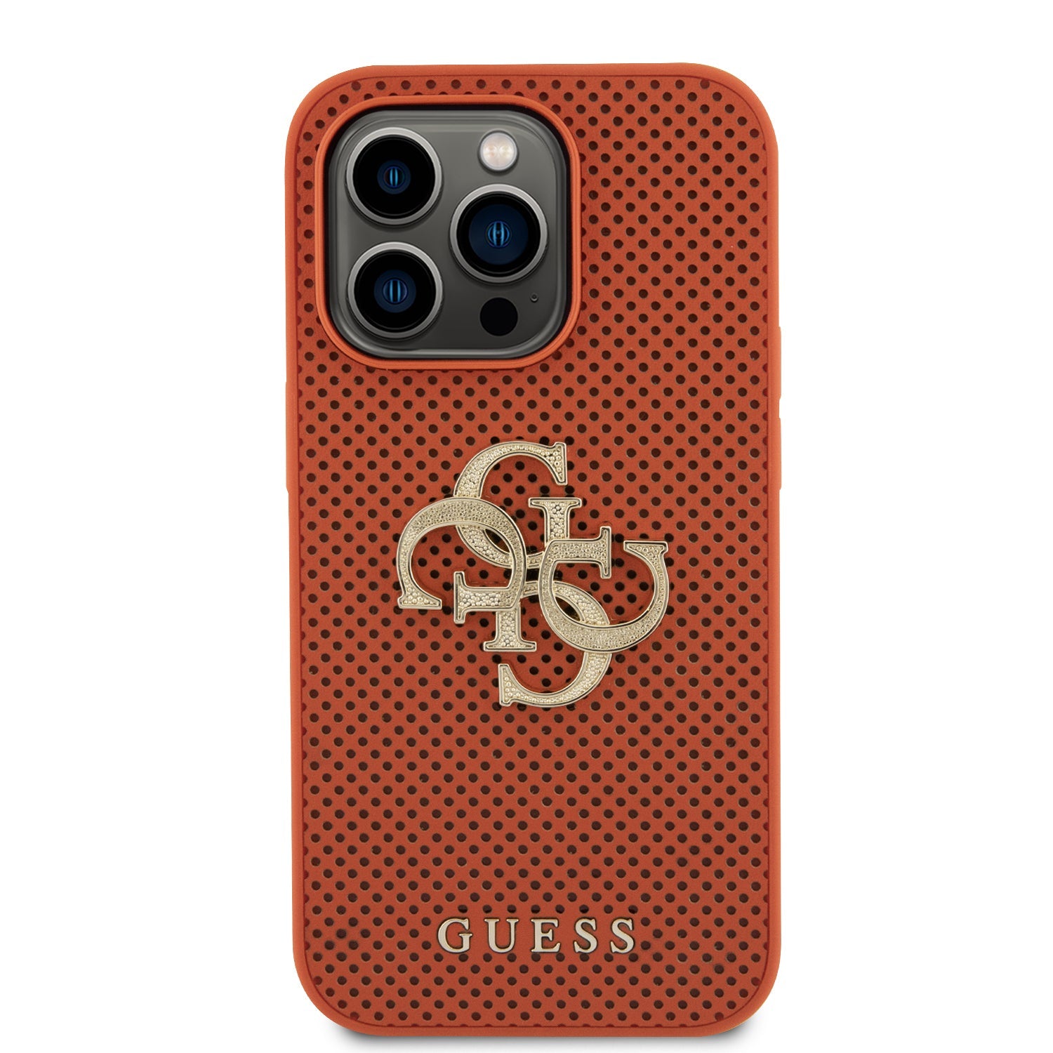 Guess Perforated PU Leather Hardcase 4G with Glitter metal Logo Orange iPhone 15 Pro