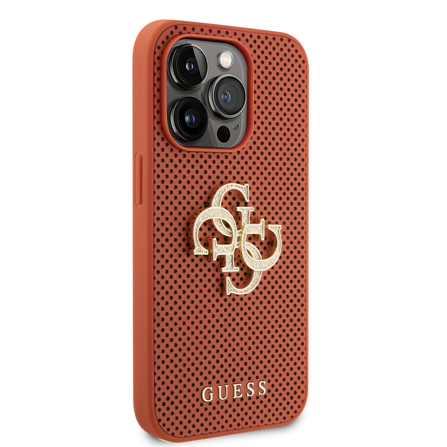 Guess Perforated PU Leather Hardcase 4G with Glitter metal Logo Orange iPhone 15 Pro Max