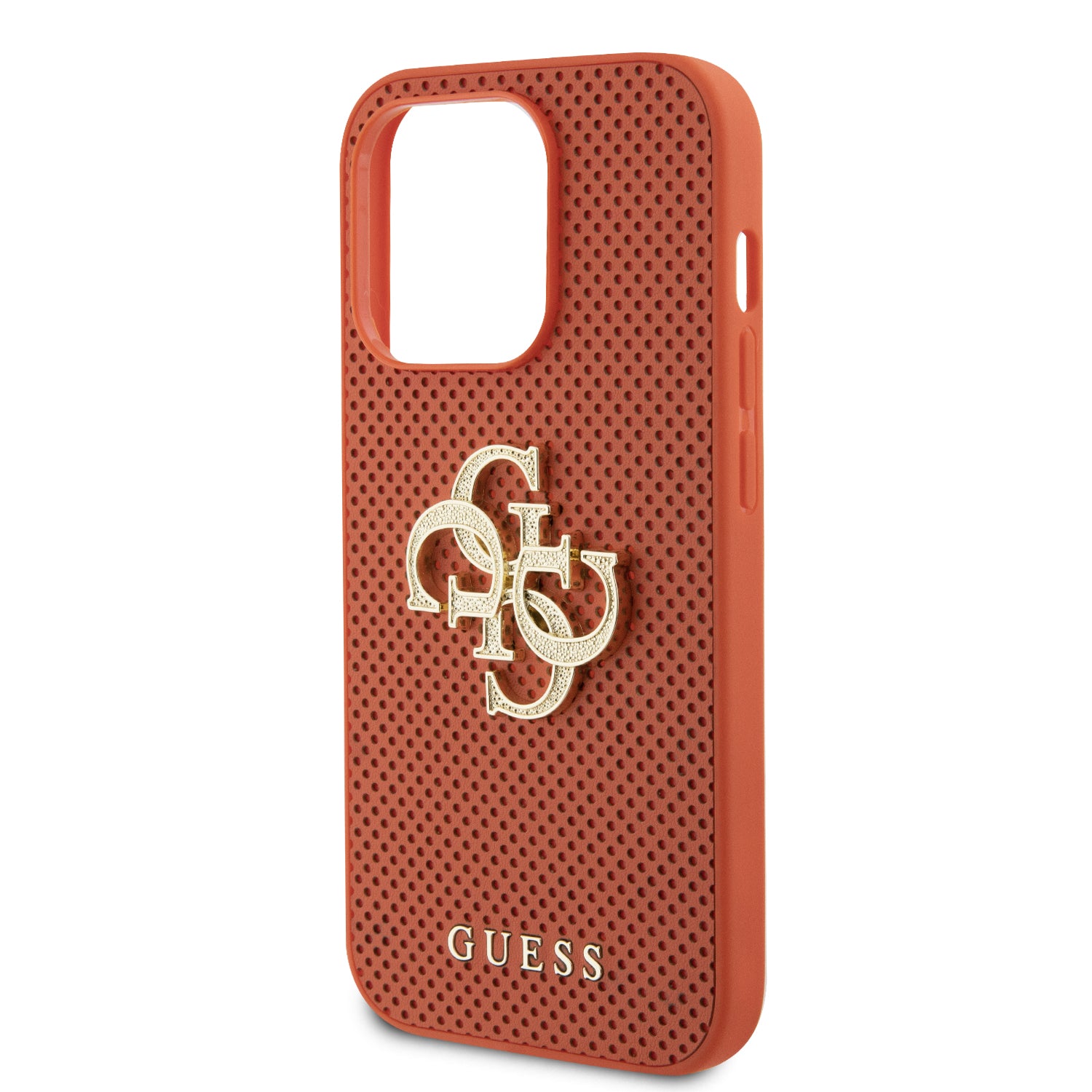 Guess Perforated PU Leather Hardcase 4G with Glitter metal Logo Orange iPhone 15 Pro Max