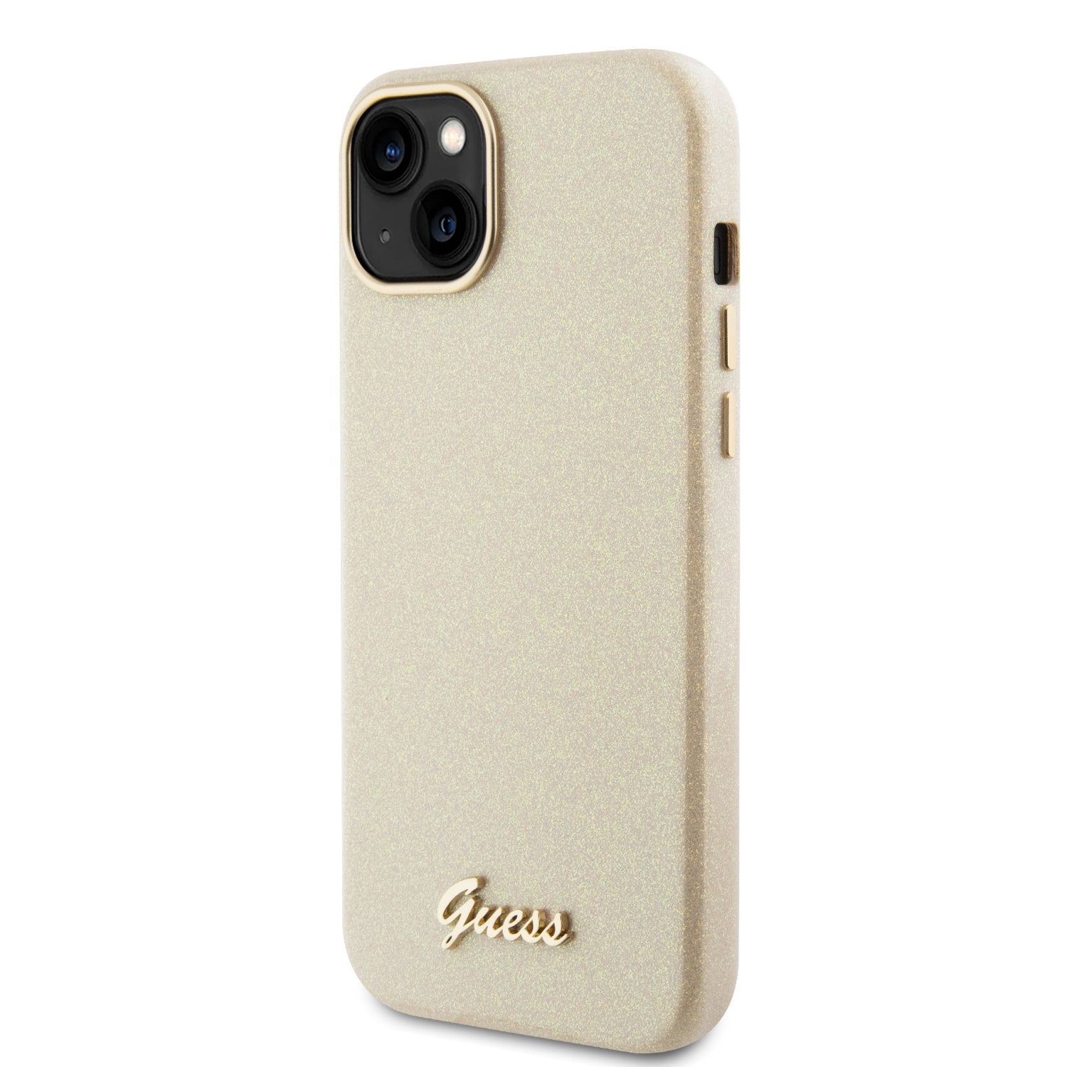 GUESS HC FW PU GLITTER GLOSSY SCRIPT LIGHT GOLD iPhone15 PLUS