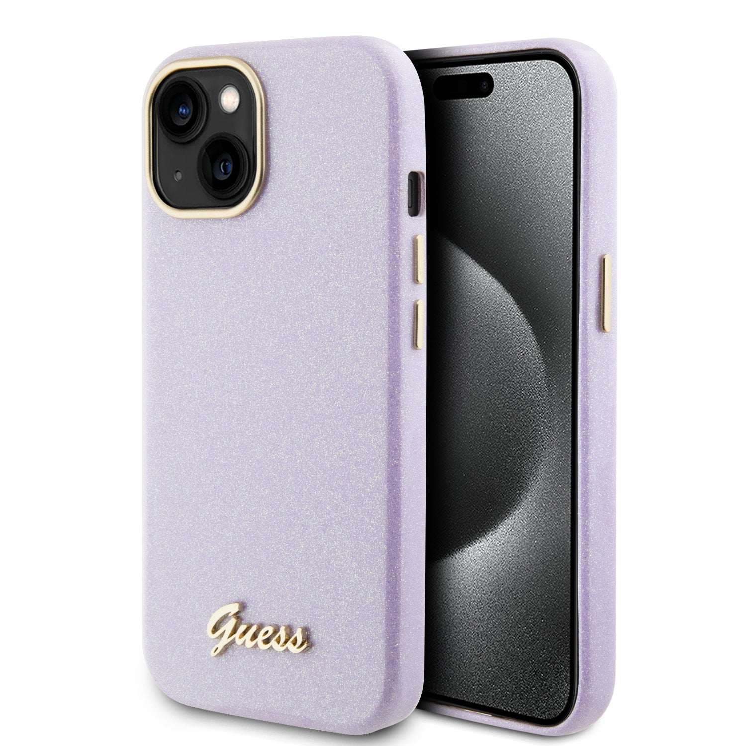 GUESS HC FW PU GLITTER GLOSSY SCRIPT LILAC iPhone 15 / 14 / 13