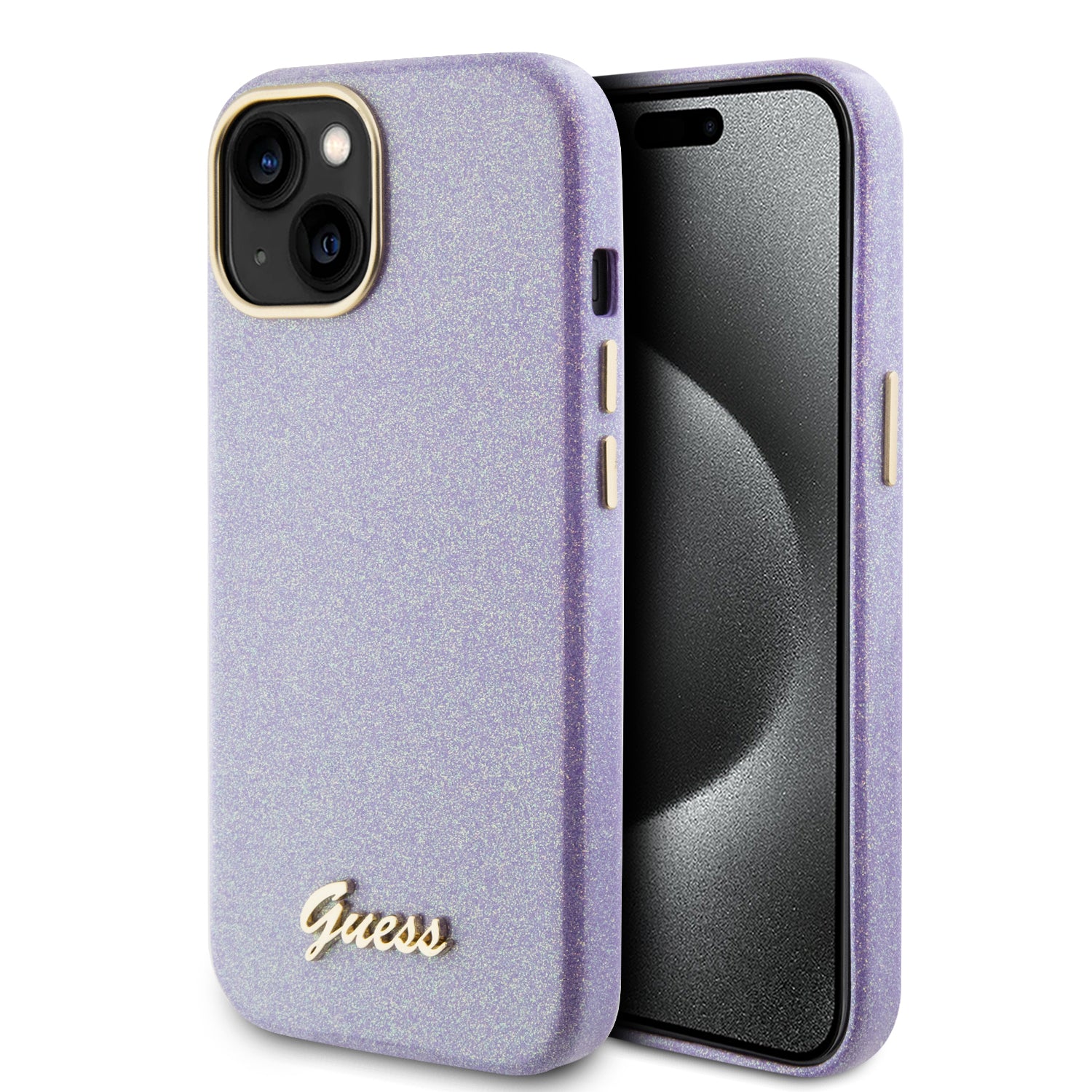 GUESS HC FW PU GLITTER GLOSSY SCRIPT PURPLE iPhone 15 / 14 / 13