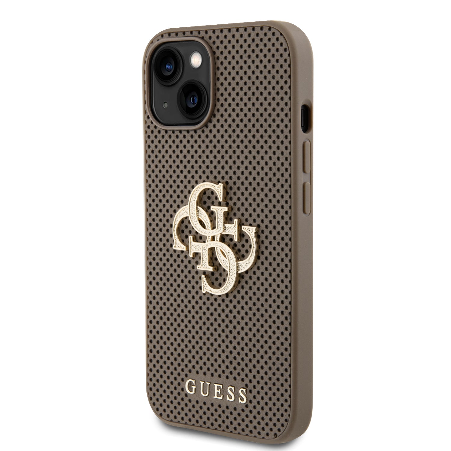 Guess Perforated PU Leather Hardcase 4G with Glitter metal Logo Taupe iPhone 15 / 14 / 13