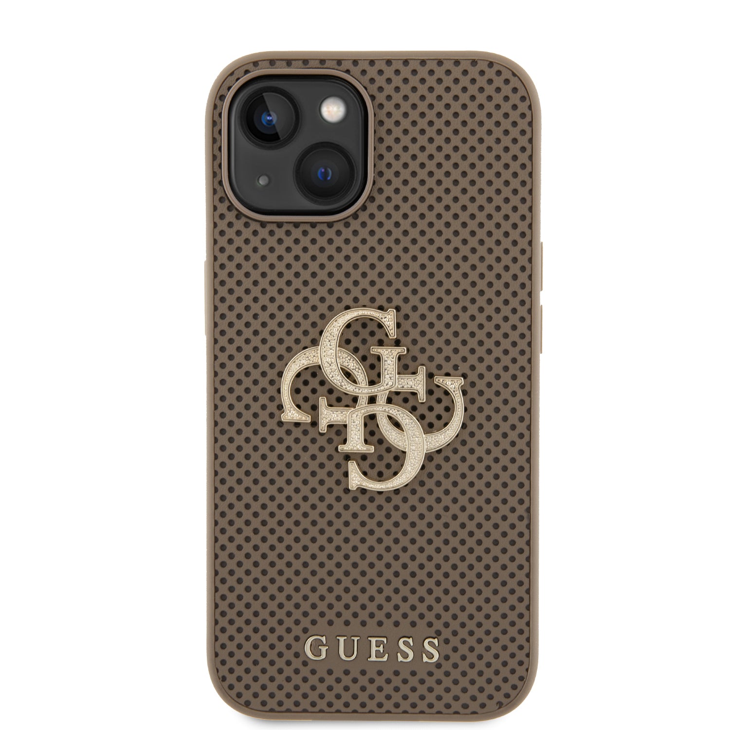 Guess Perforated PU Leather Hardcase 4G with Glitter metal Logo Taupe iPhone 15 / 14 / 13