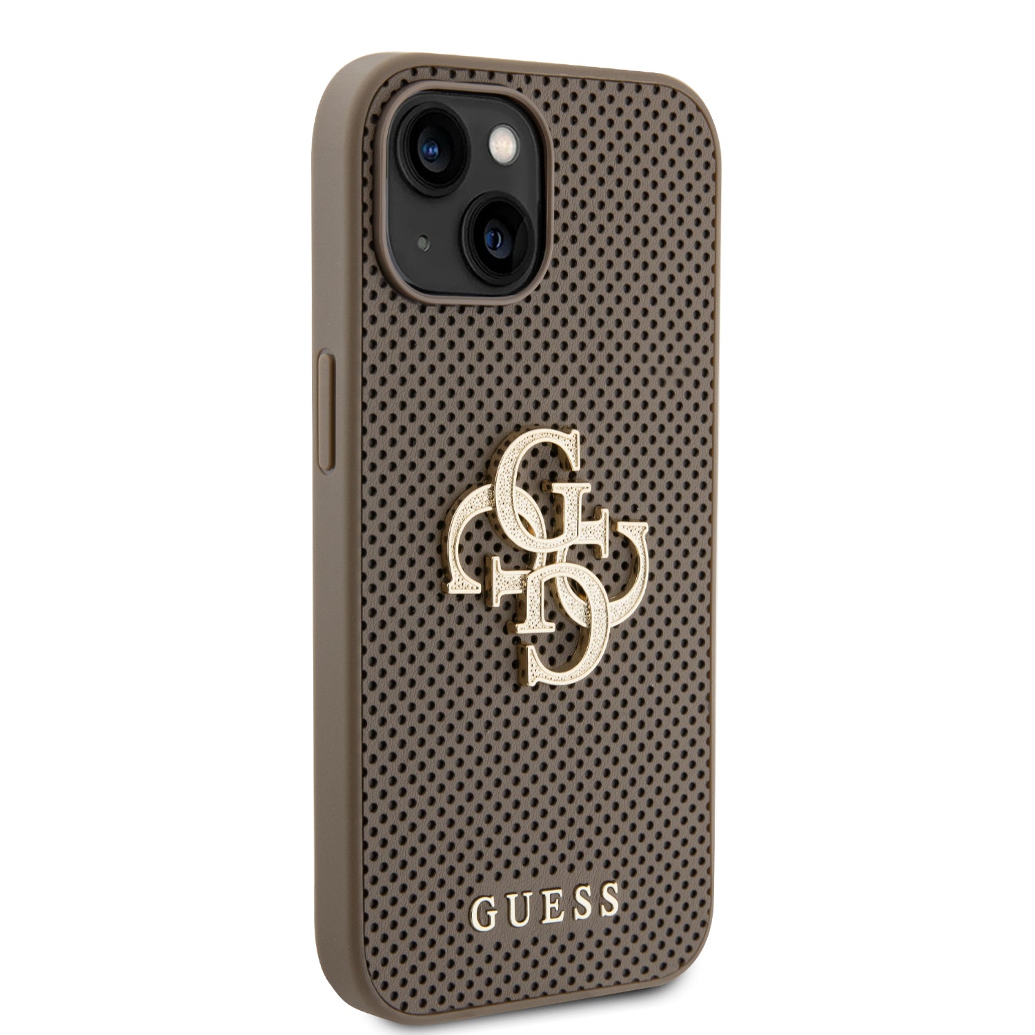 Guess Perforated PU Leather Hardcase 4G with Glitter metal Logo Taupe iPhone 15 / 14 / 13