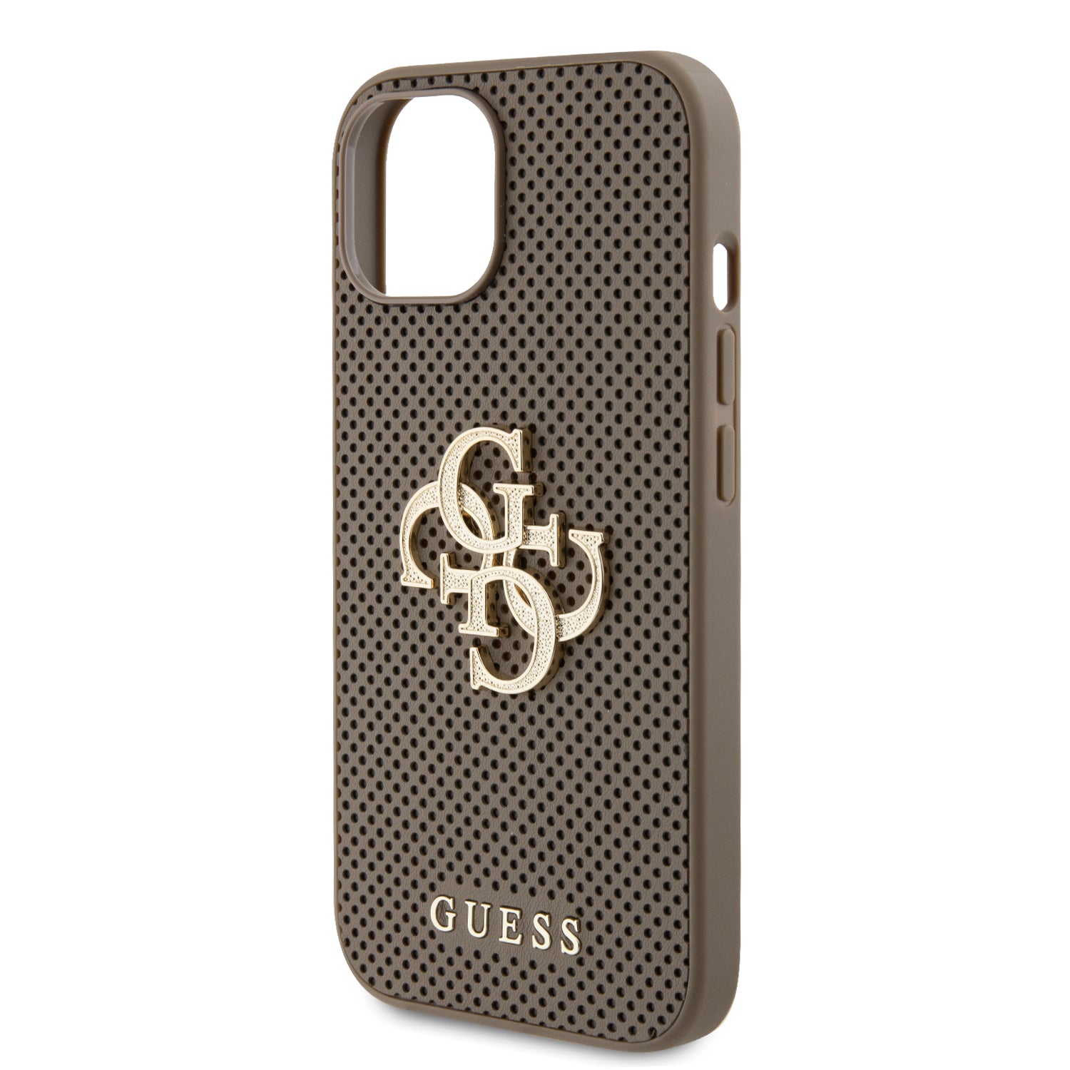 Guess Perforated PU Leather Hardcase 4G with Glitter metal Logo Taupe iPhone 15 / 14 / 13