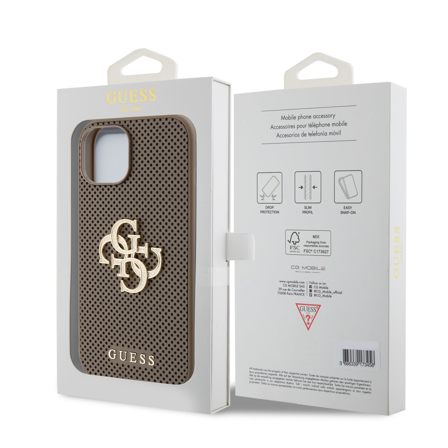 Guess Perforated PU Leather Hardcase 4G with Glitter metal Logo Taupe iPhone 15 / 14 / 13