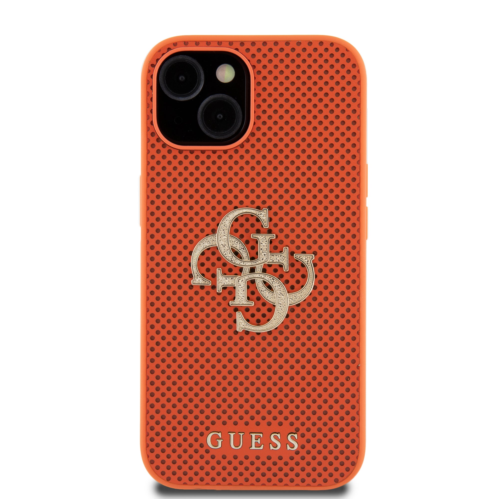 Guess Perforated PU Leather Hardcase 4G with Glitter metal Logo Orange iPhone 15 / 14 / 13