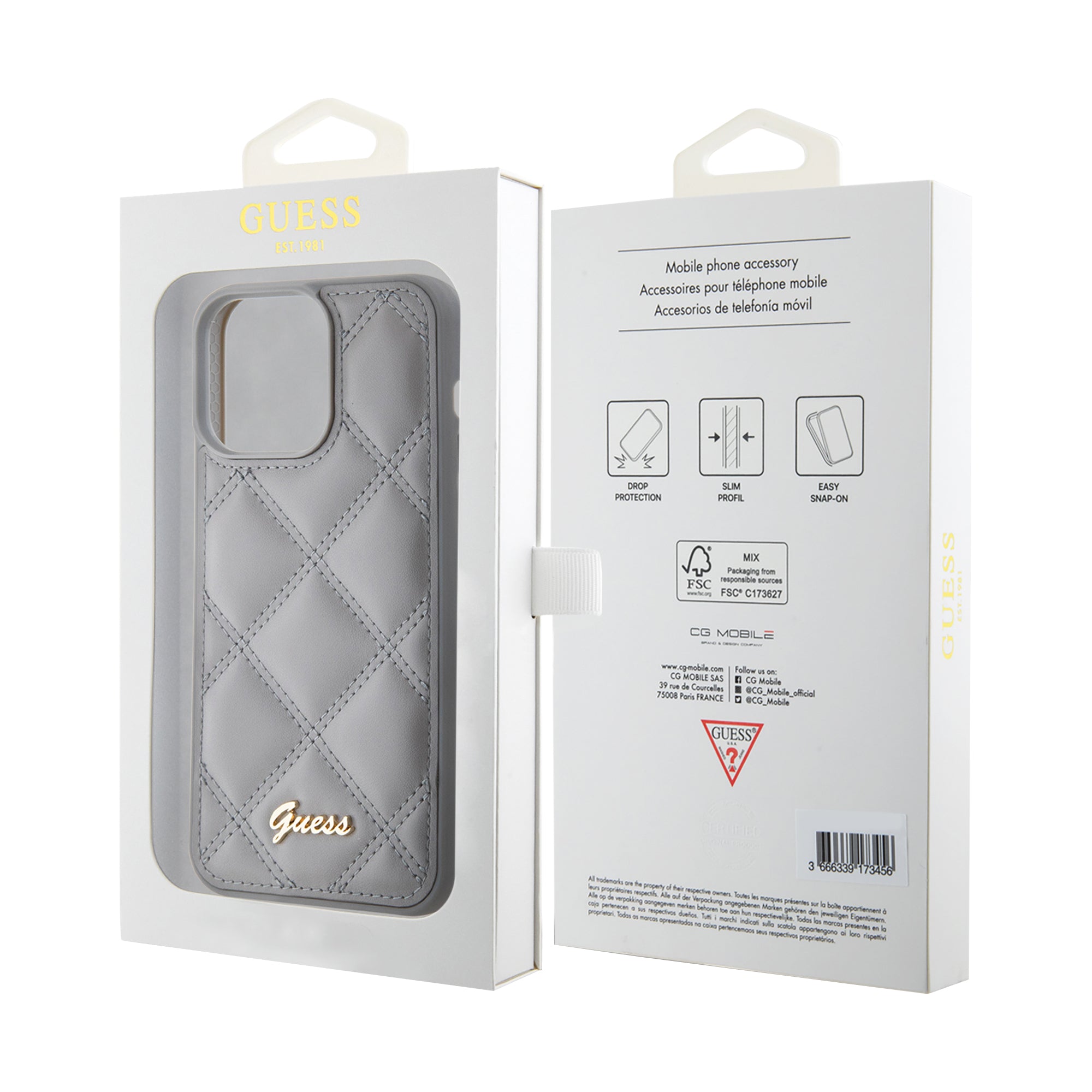 GUESS PU LEATHER HC QUILTED EDITION METAL LOGO GREY iPhone 15 / 14 / 13