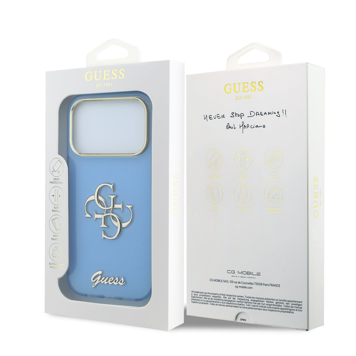 Guess GUHCP18L5HC4MLSL IML 4G Script Metal For iPhone 18 Pro / 17 Pro Light Blue