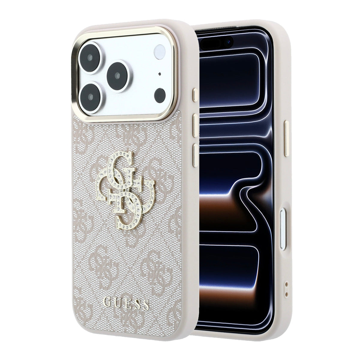 A GUESS phone case shown on a smartphone, featuring a textured beige and white monogram pattern on the back with a metallic gold-tone GUESS logo and a clear crystal-embellished logo on the front. The case has a light beige bumper and side bumpers, shown against a plain white background.