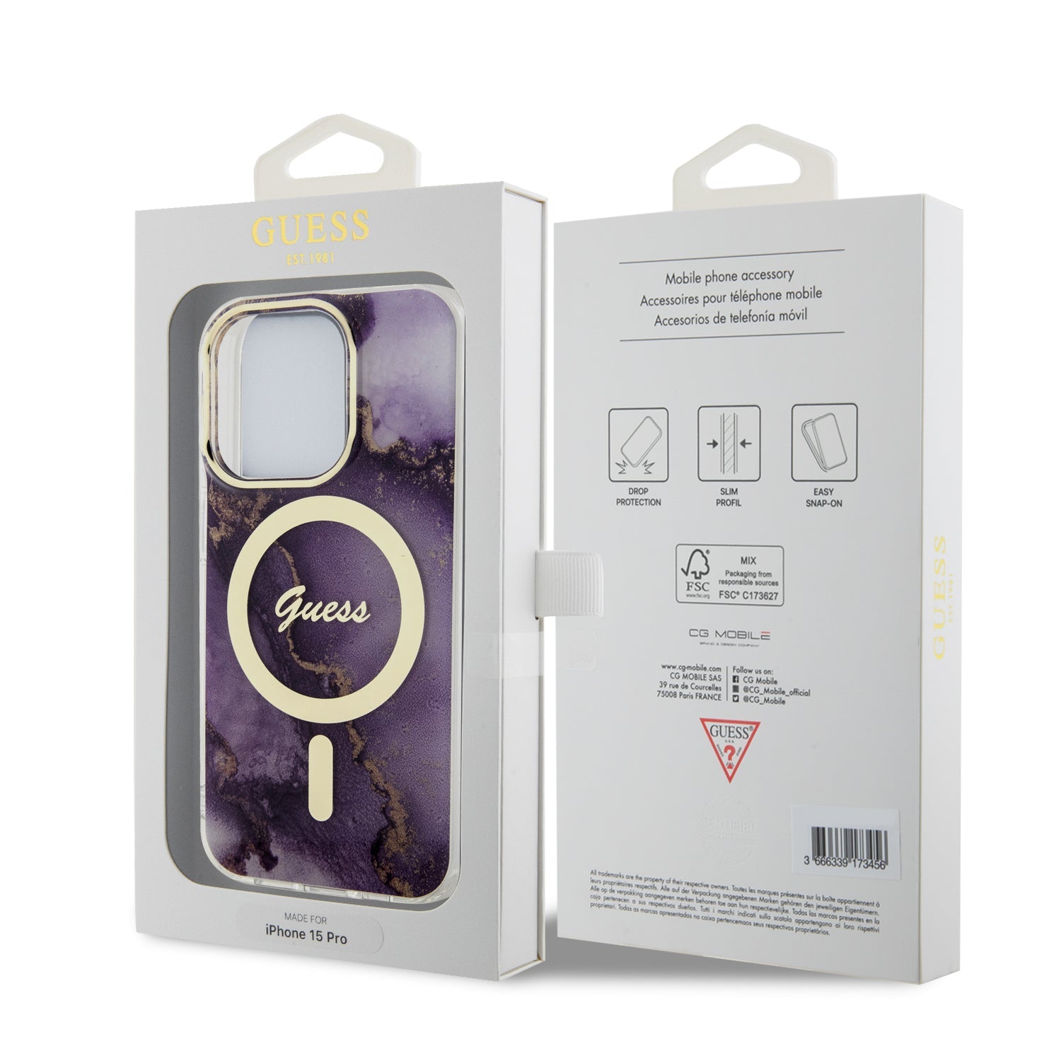 Guess GUHMP15LHTMRSU iPhone 15 Pro purple hardcase IML Golden Marble MagSafe