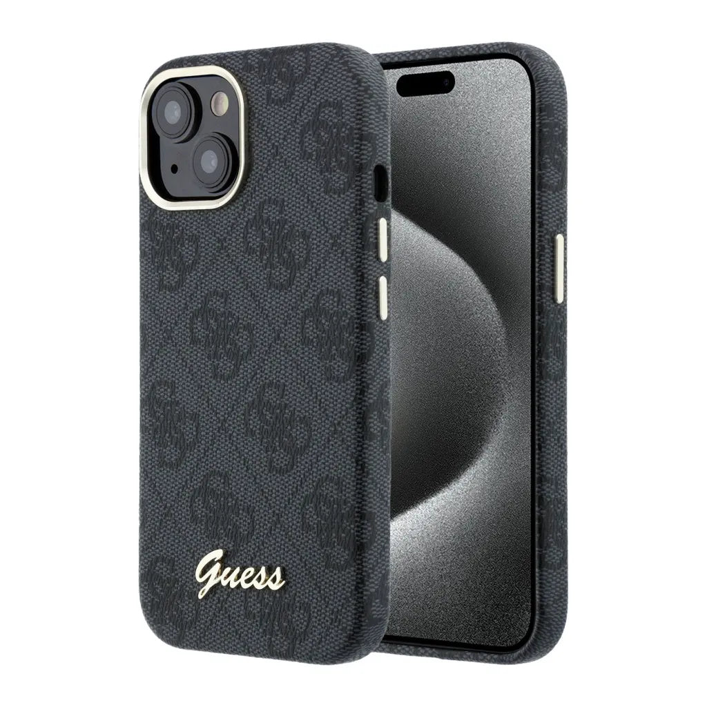 Guess GUHMP15S5P4FWMSK 4G Vintage Gold Logo MageSafe HardCase for iPhone 15 black