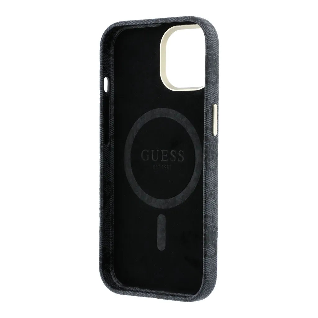 Guess GUHMP15S5P4FWMSK 4G Vintage Gold Logo MageSafe HardCase for iPhone 15 black