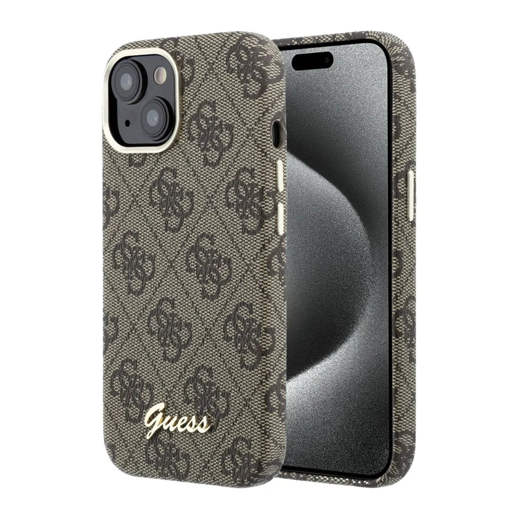 Guess GUHMP15S5P4FWMSW 4G Vintage Gold Logo MageSafe HardCase for iPhone 15 Brown