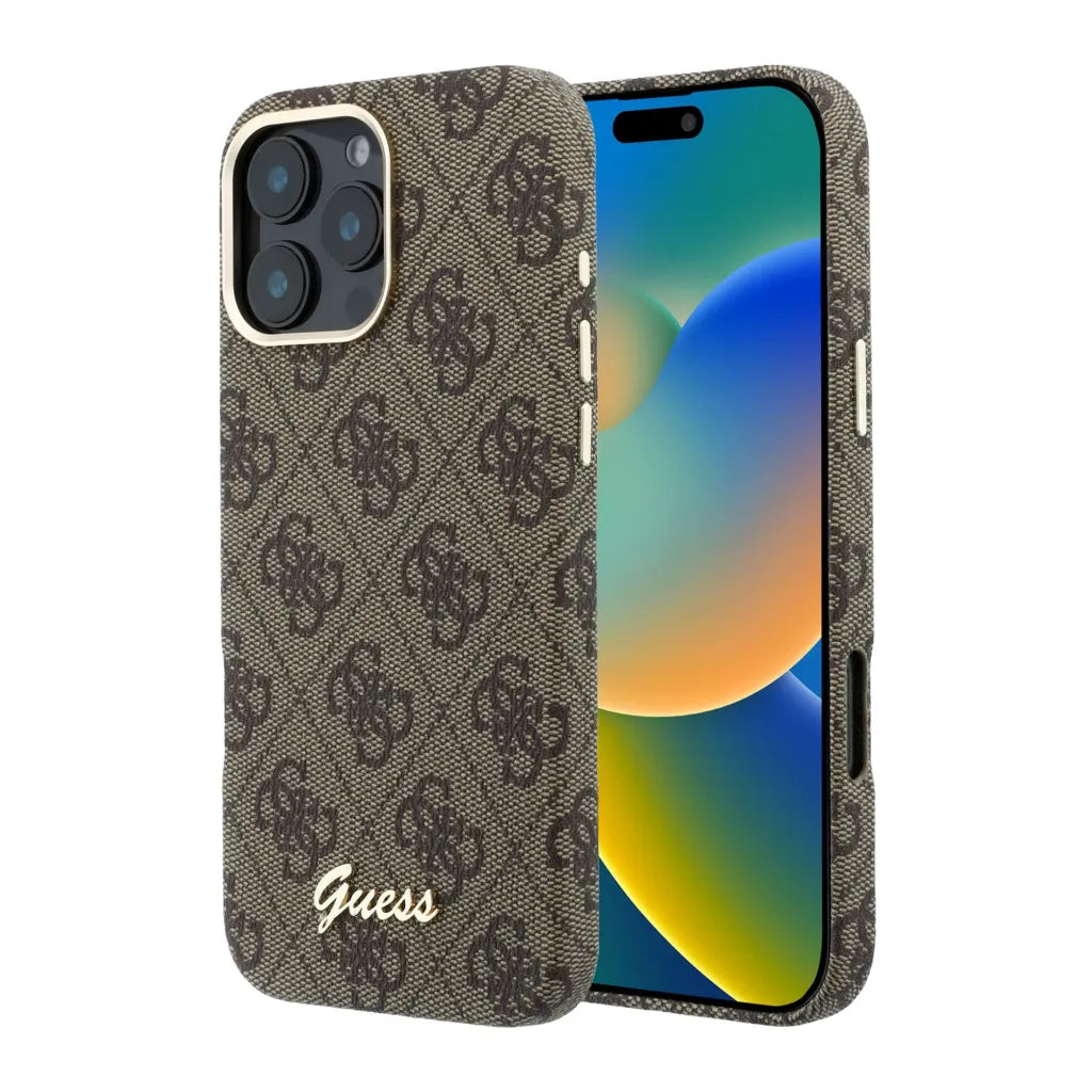 Guess GUHMP15X5P4FWMSW 4G Vintage Gold Logo MageSafe HardCase for iPhone 15 Pro Max Brown