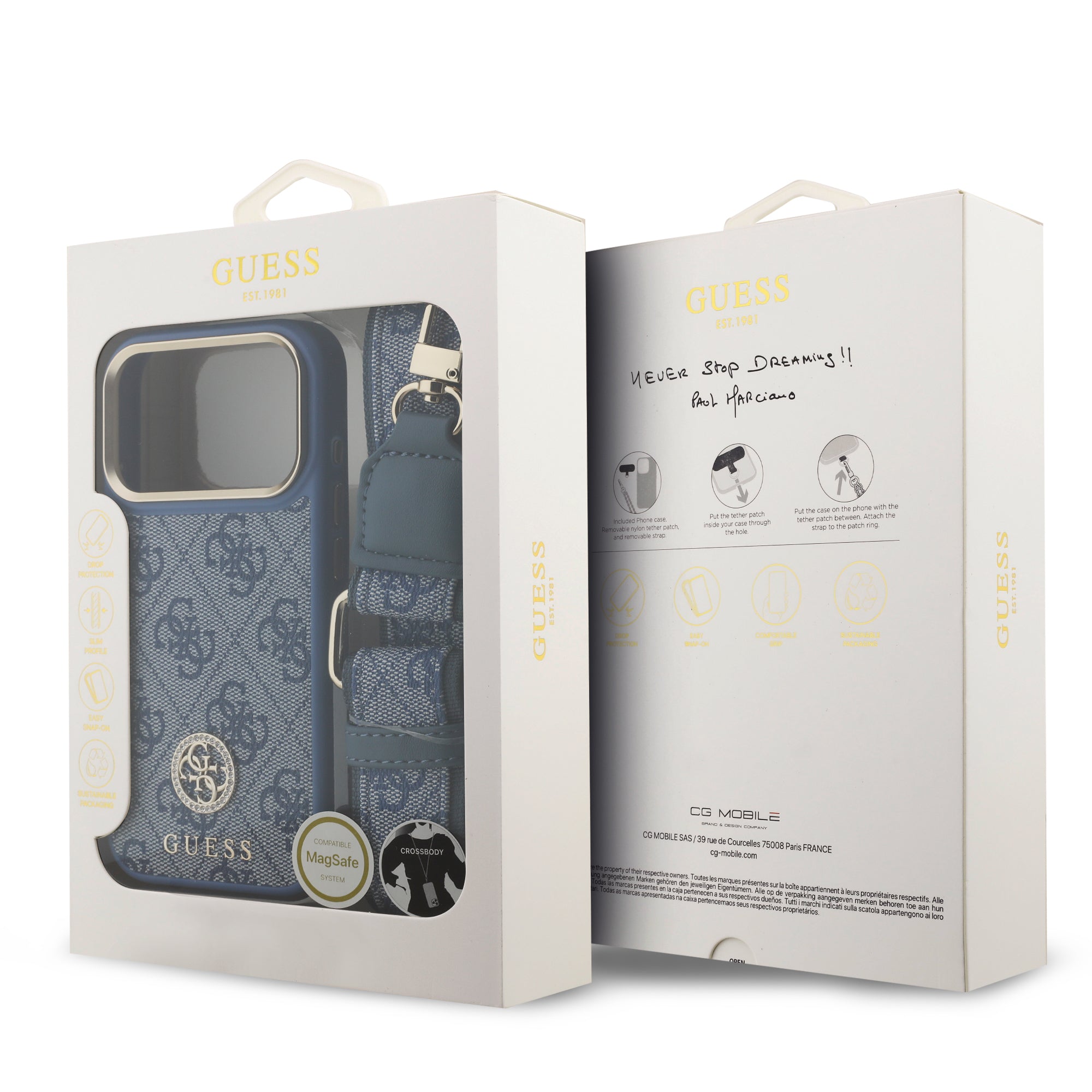 GUESS GUHMP17LP4G4DCSB HardCase MagSafe 4G PU W/ Strass Logo & Big Strap Metal Buttons Blue iPhone 17 Pro