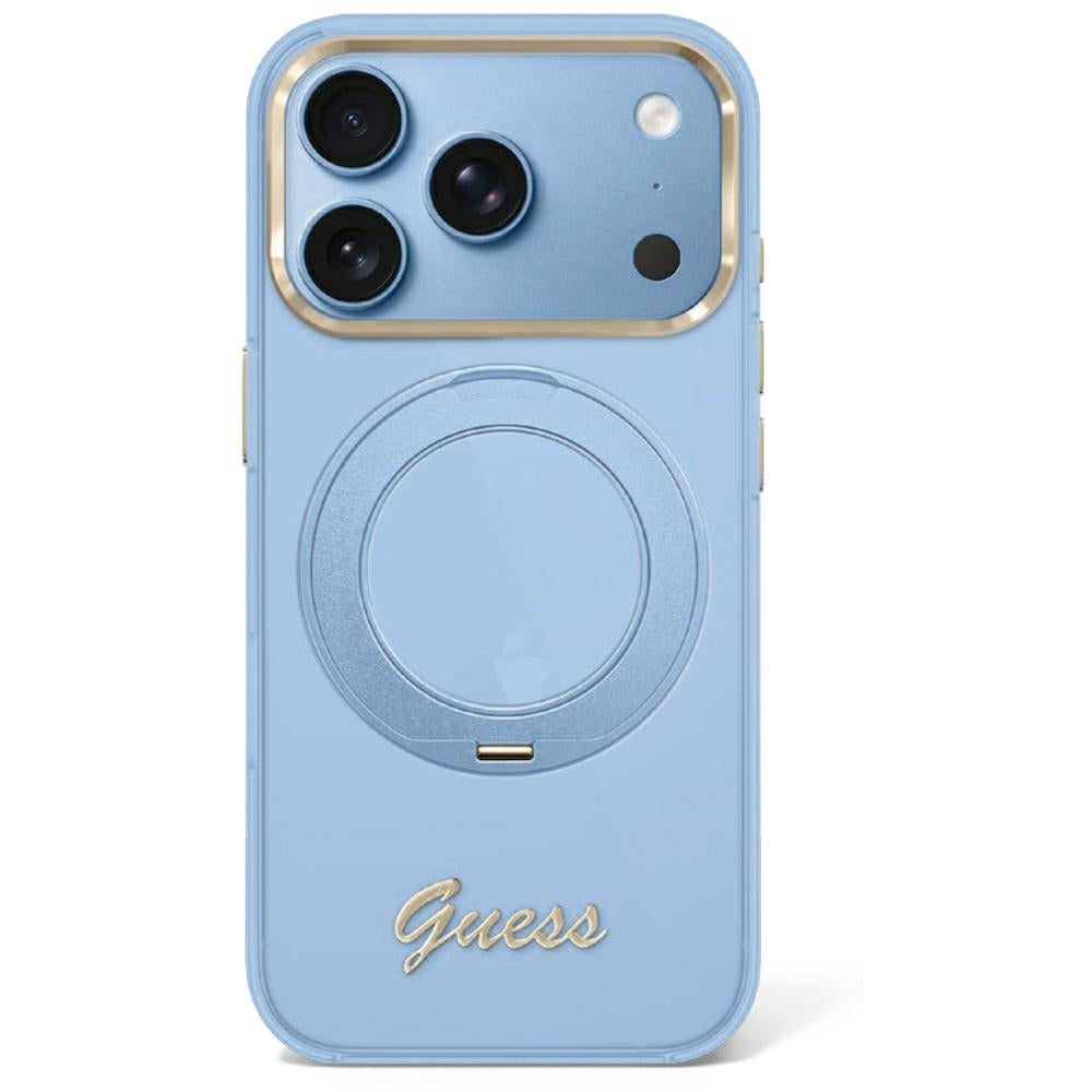A light blue Guess phone case with a gold magnetic ring and gold 'Guess' logo, shown on a white background.