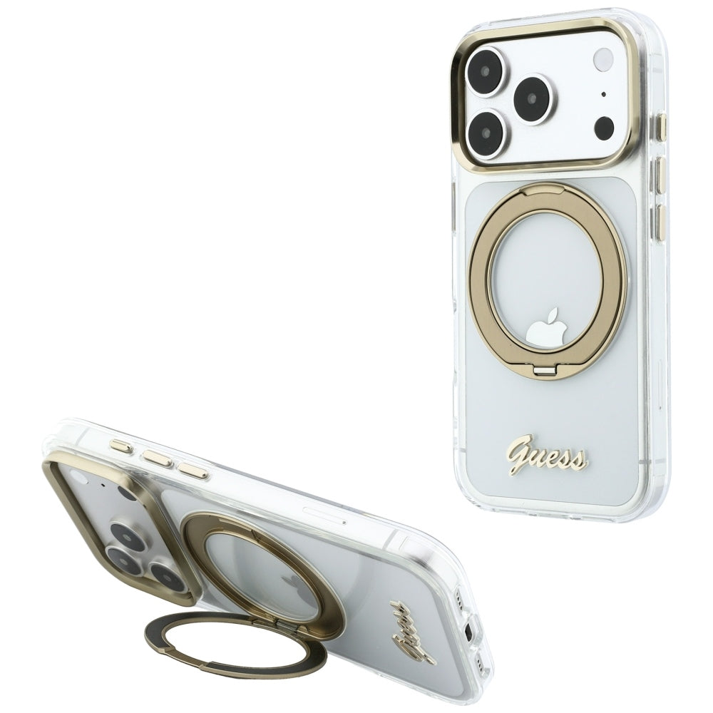 Guess GUHMP18X6HCCMST IML Ring Stand 360 Script Metal Logo MagSafe for iPhone 18 Pro Max / 17 Pro Max Transparent