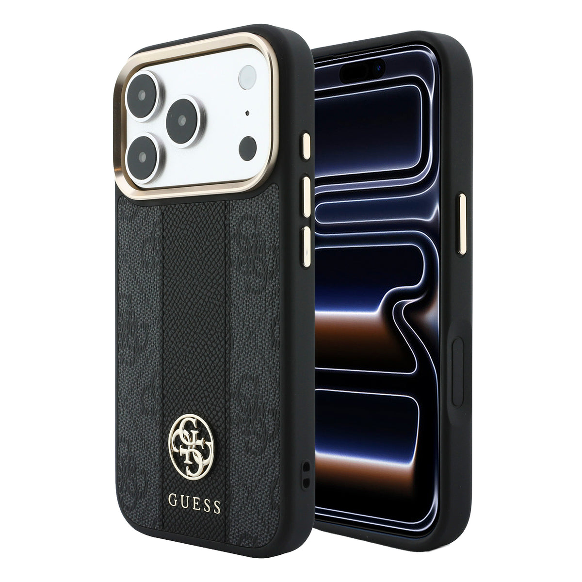 Black Guess phone case with a textured pattern and gold logo, shown from both the back and side angles on a white background.