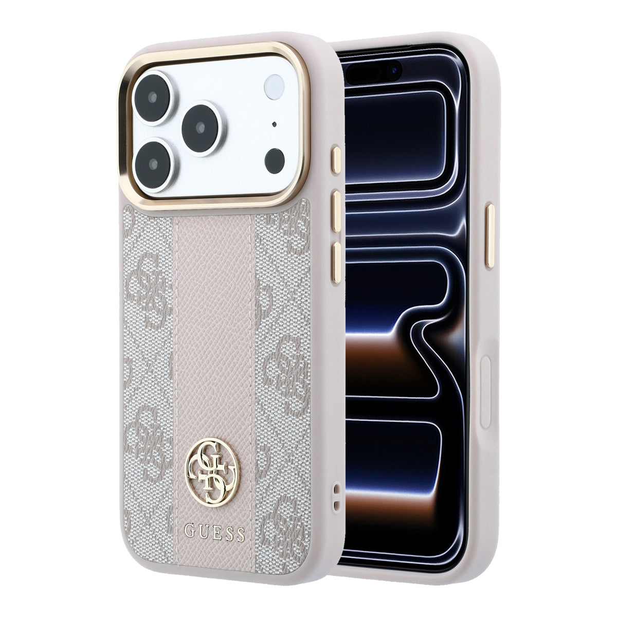 A light beige and gray patterned phone case with gold accents, shown on a smartphone against a clean white background. The case features a textured pattern, a gold-tone camera bezel, side button covers, and a gold-tone circular logo on the back.